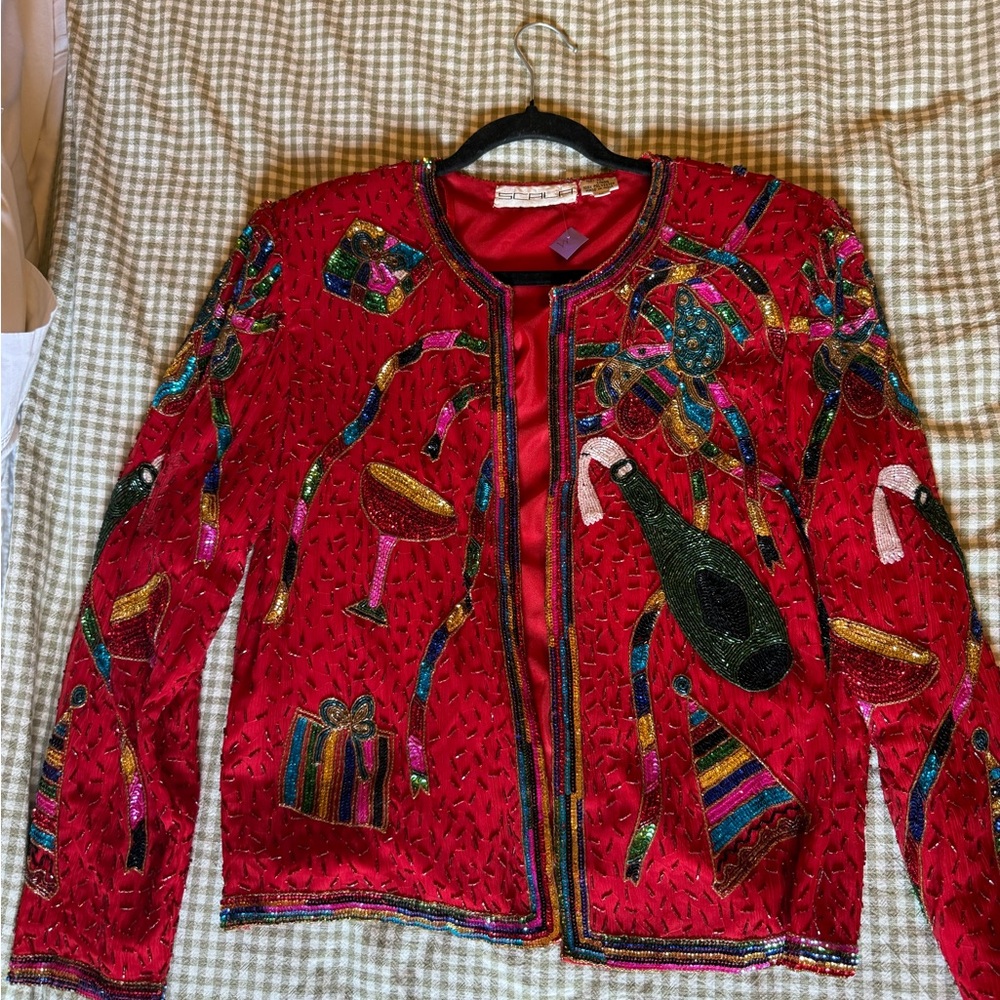 Scala Red Embroidered Blazer with Floral Design